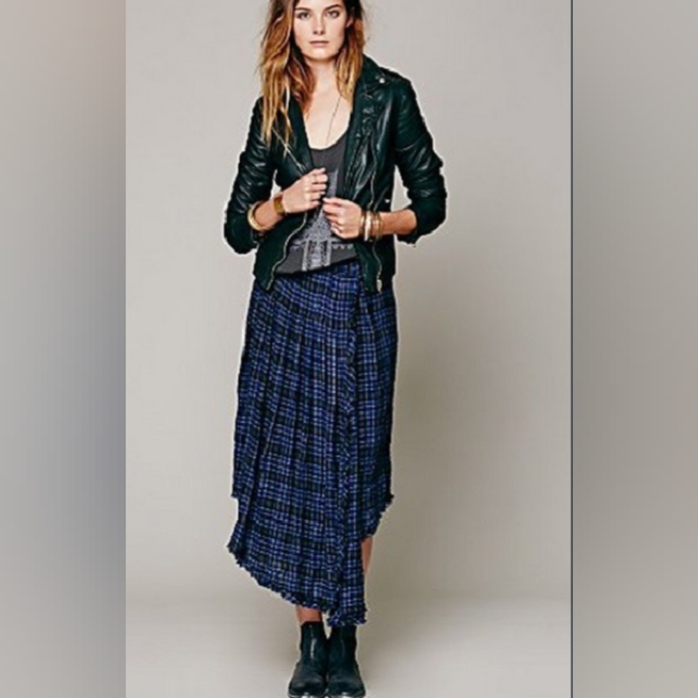 Free People Tartan Tea Length Skirt in Navy Plaid Check Black Blue NWT 8